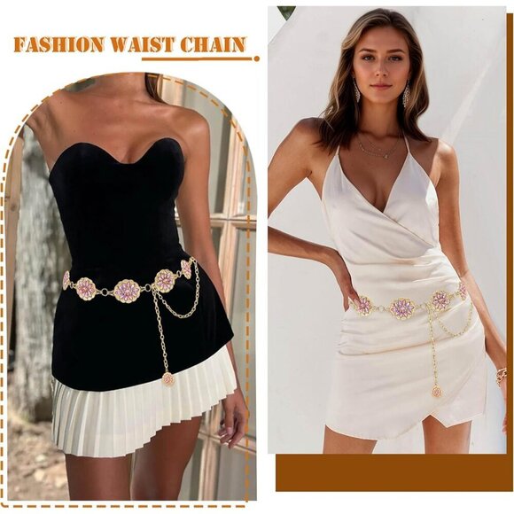 Rhinestone Concho Belt Gold Metal Western Pink Chain Waist Jewelry for Women main image 2